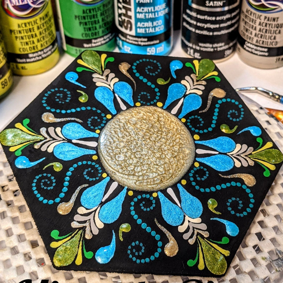 Oasis ~ Tranquil Blue Green Mandala on a Wood Hexagon Art Tile