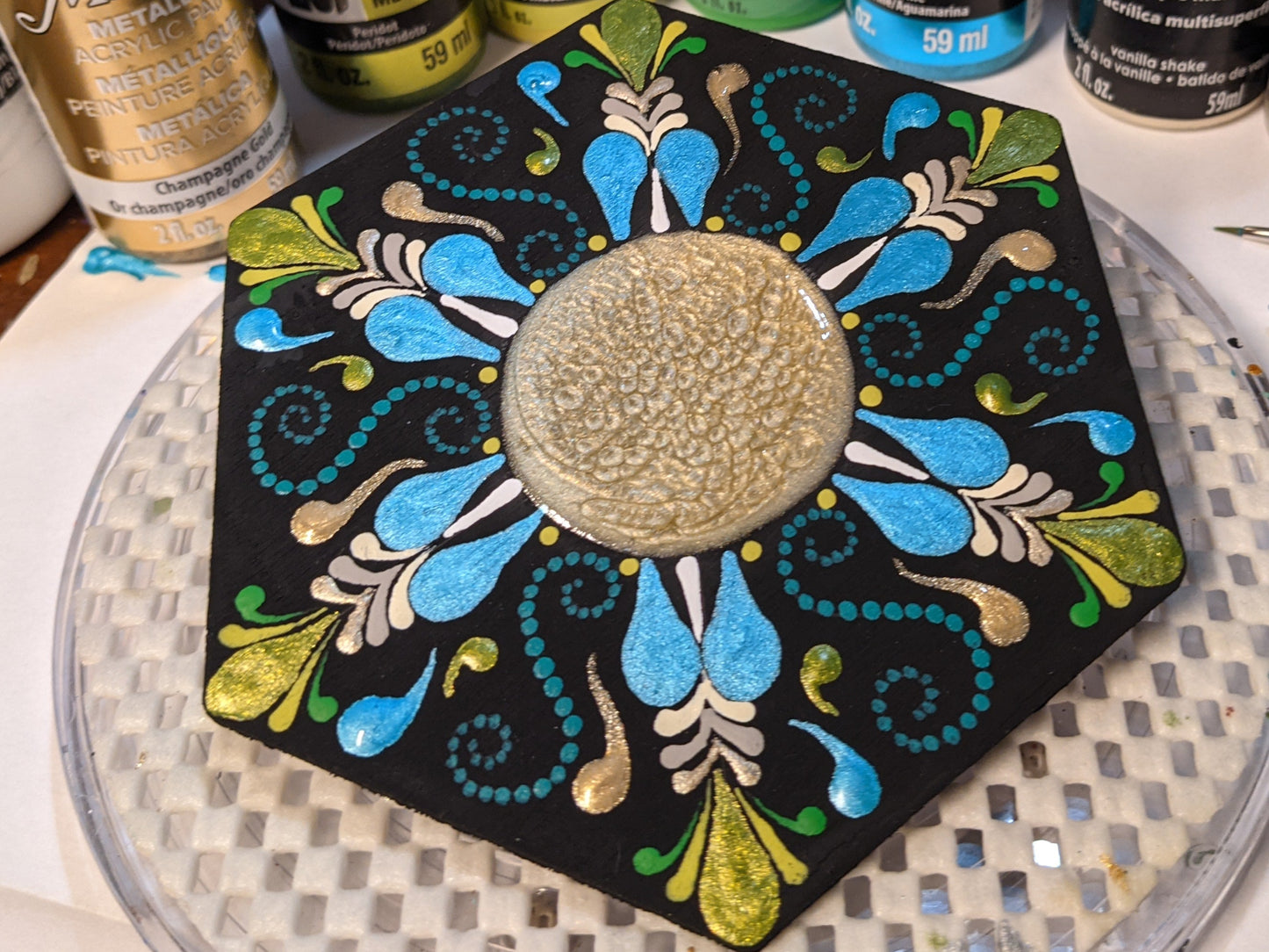 Oasis ~ Tranquil Blue Green Mandala on a Wood Hexagon Art Tile