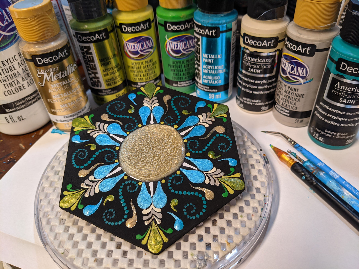 Oasis ~ Tranquil Blue Green Mandala on a Wood Hexagon Art Tile