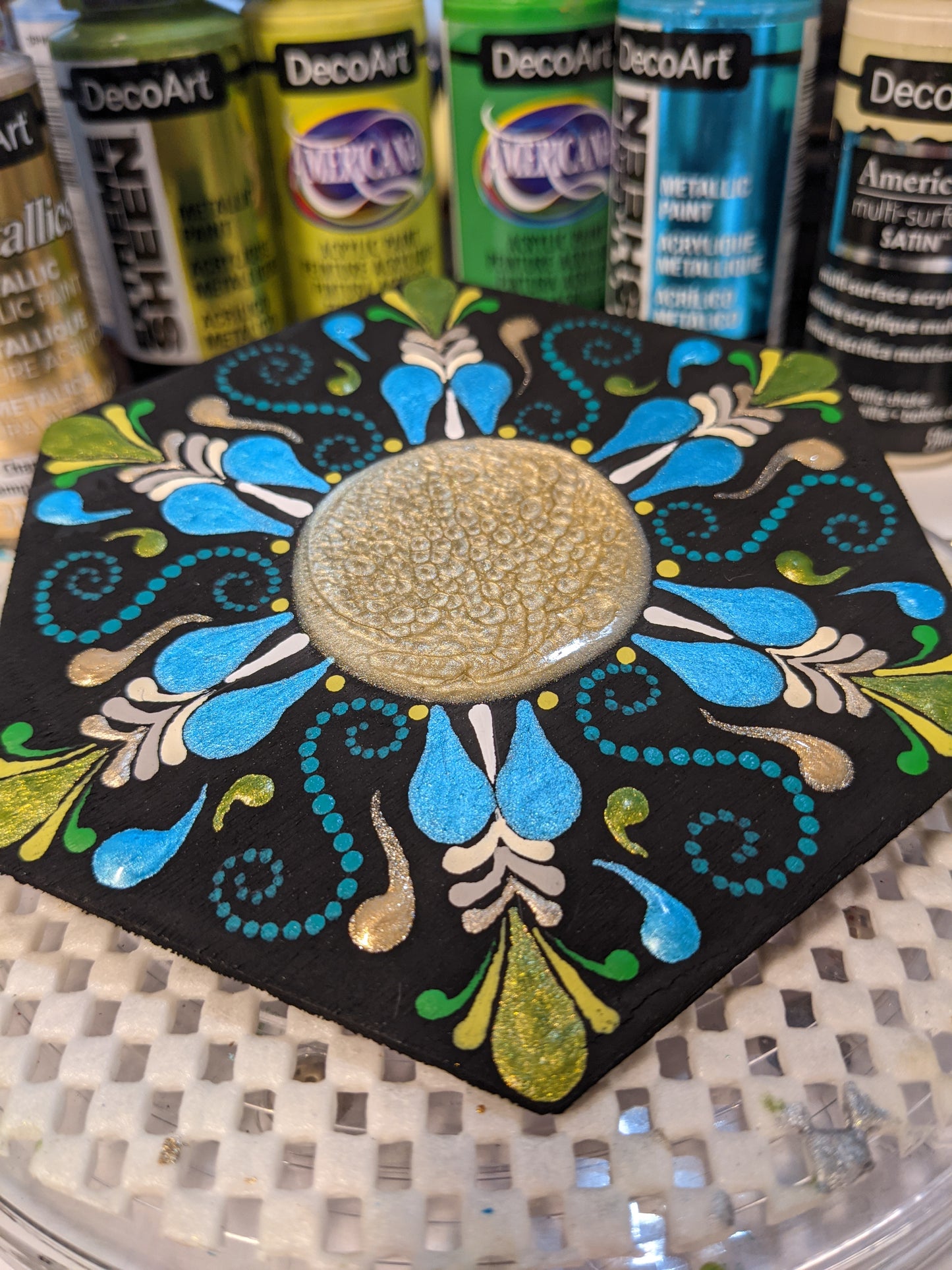 Oasis ~ Tranquil Blue Green Mandala on a Wood Hexagon Art Tile