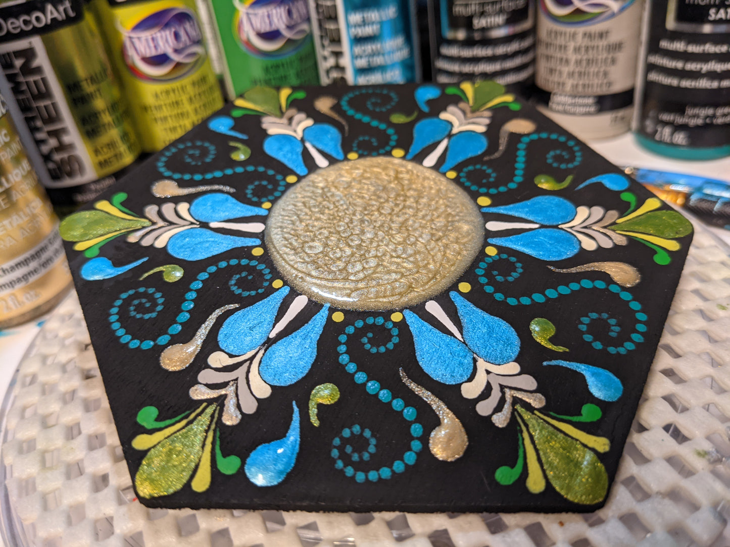 Oasis ~ Tranquil Blue Green Mandala on a Wood Hexagon Art Tile