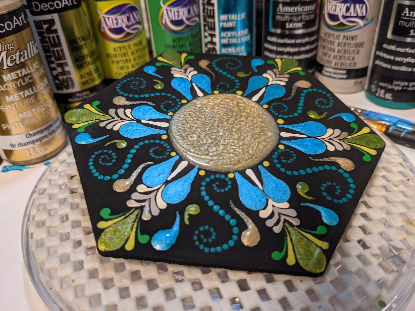 Oasis ~ Tranquil Blue Green Mandala on a Wood Hexagon Art Tile